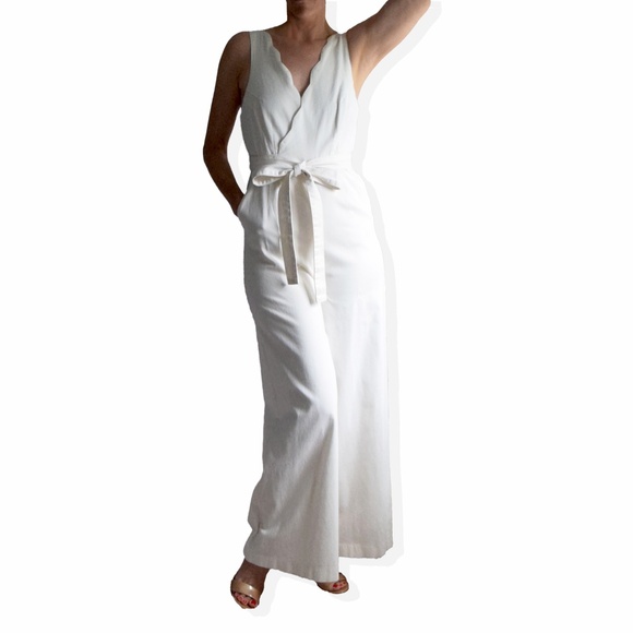 NWOT CHINO by ANTHRO white wide leg palazzo jumpsuit w/ scalloped v neck wrap 6 - Picture 6 of 10